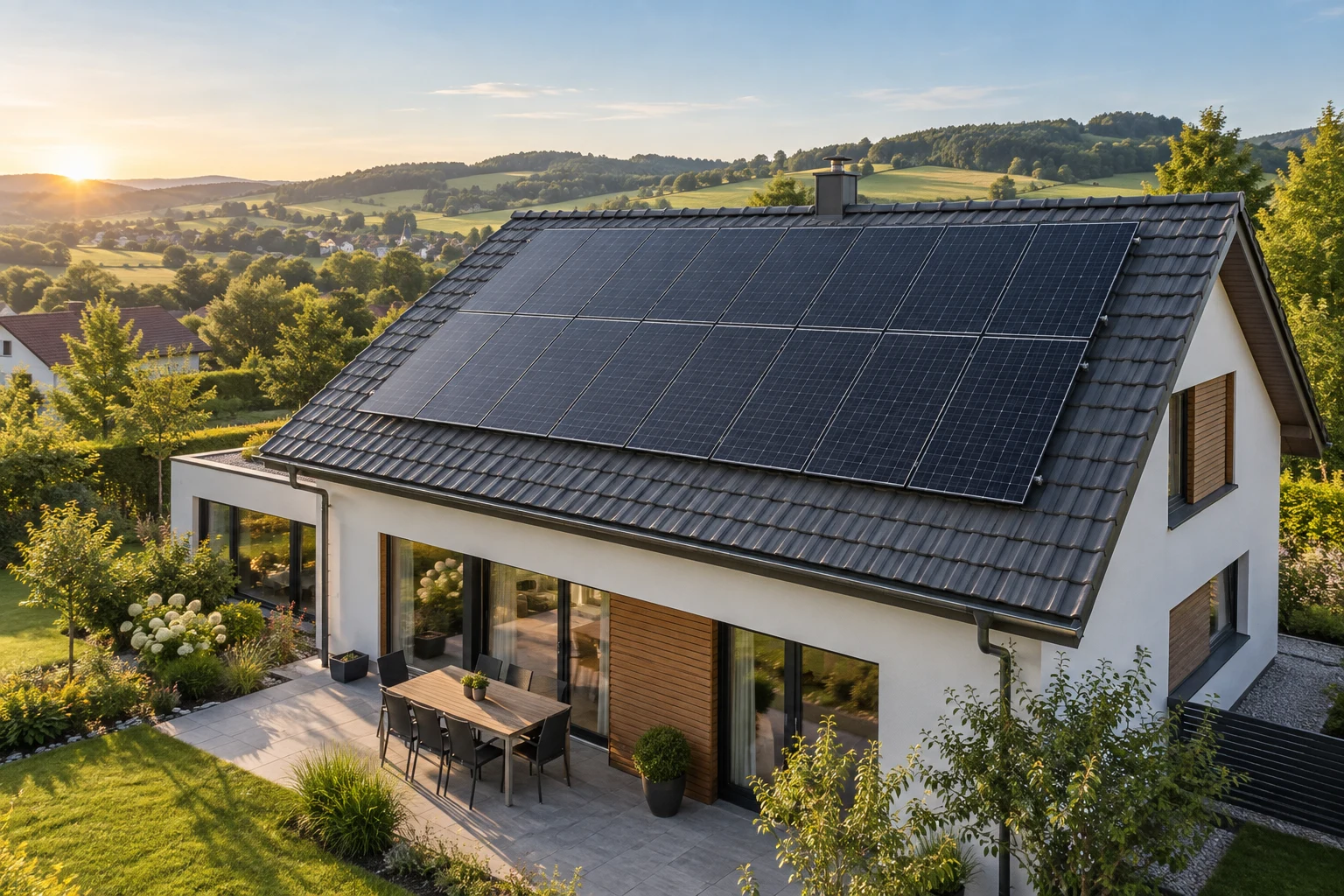 Photovoltaikanlage auf einem Wohnhaus – KI-generiertes Symbolbild